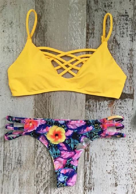 Yellow Lattice Bikini Top And Floral Bottom Bikini Set Bikinis Swimwear