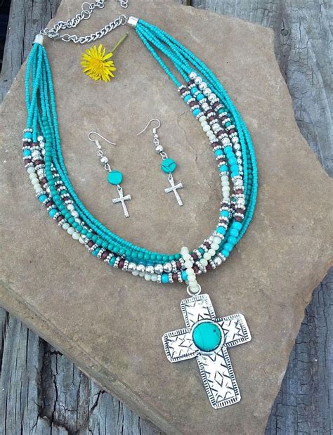 Cowgirl Bling Turquoise Beaded Multi Strand Southwestern Silver Cross