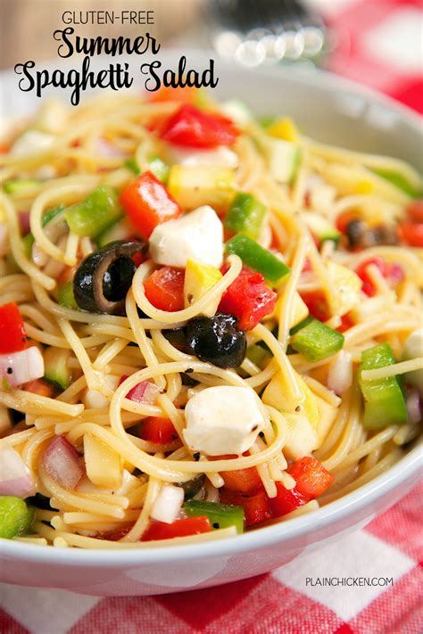 Spaghetti salad is the perfect side dish for a party, potluck or when you're feeding a crowd. Gluten-Free Summer Spaghetti Salad - Plain Chicken
