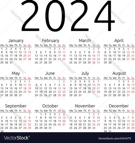 Simple Calendar 2024 Monday Royalty Free Vector Image