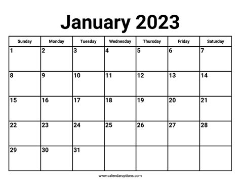 January 2023 Calendars Calendar Options