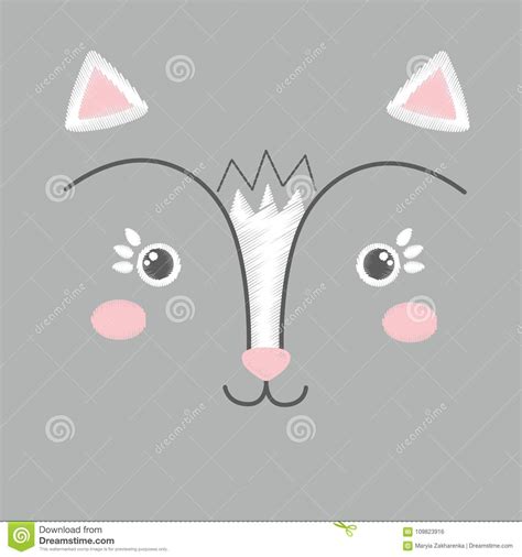 Illustration Of Cute Embroidery Of White And Pink Toy Cat