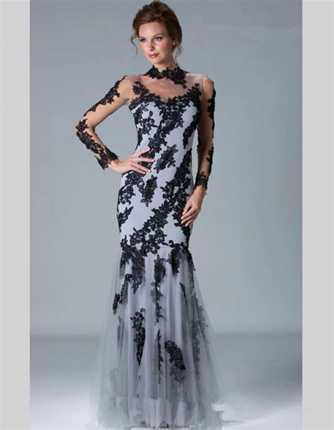 2015 Tulle Black Long Sleeve Lace Mermaid Evening Dress High Neck Floor Length Formal Evening