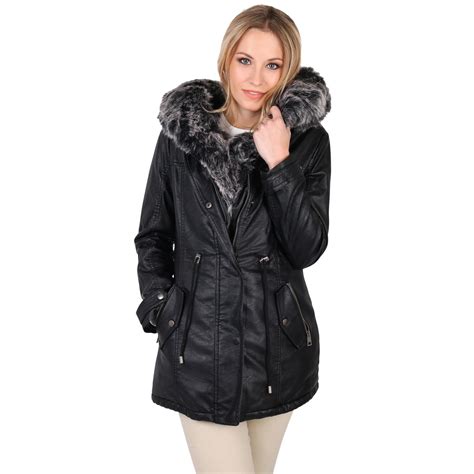 Womens Ladies Warm Faux Fur Lined Leather Hooded Long Winter Parka