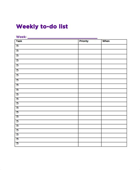 Editable Weekly To Do List Printable Template