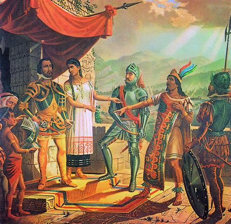 Spanish Conquistadores With The Aztec Emperor