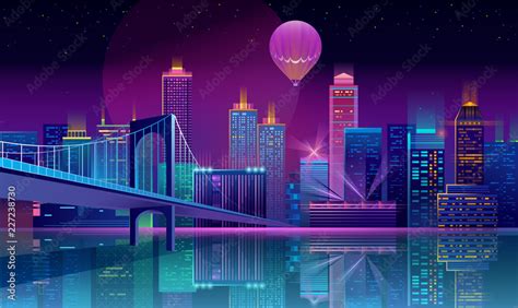 Vector Concept Background With Night City Illuminated With Neon Glowing