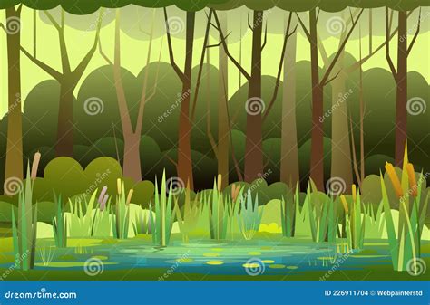 Beautiful Summer Forest Landscape Swampy Coast With Cattails And Reed