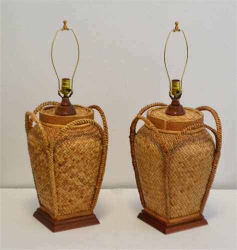 Shade is 6 across the top x 15 across the bottom x 10 on the slant. Pair of Woven Rattan Basket Table Lamps at 1stdibs