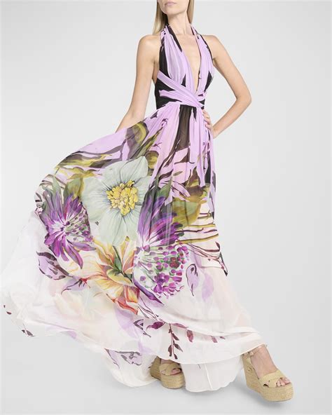 Elie Saab Floral Print Plunging Halter Silk Gown Neiman Marcus