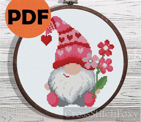 small valentine gnome with flowers cross stitch pattern pdf etsy in