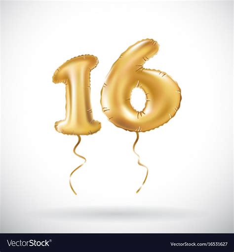 Golden Number 16 Sixteen Metallic Balloon Party Vector Image