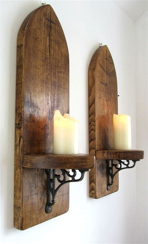 Pair Of Huge 80cm Gothic Arch Rustic Solid Plank Wood Wall Sconce