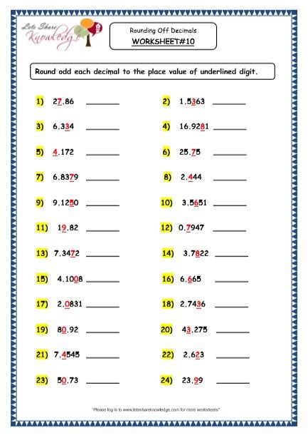 Grade 4 Maths Resources 34 Rounding Off Decimals Printable Worksheets