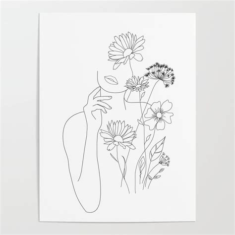 A Black And White Drawing Of A Woman With Flowers In Her Hand On A