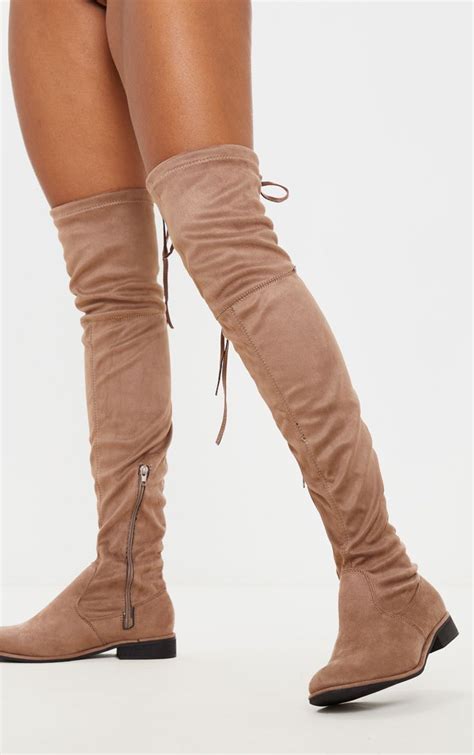 Taupe Flat Over The Knee Boot Shoes Prettylittlething Usa Thigh High Boots Heels Heeled