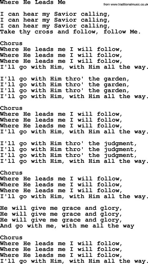 Baptist Hymnal Christian Song Where He Leads Me Lyrics With Pdf For