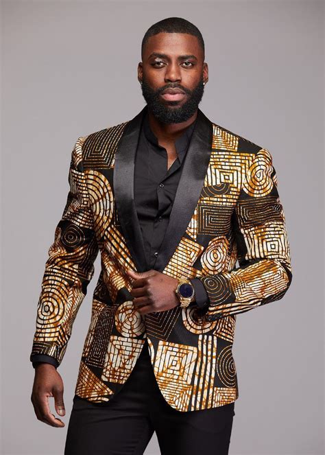 Rammy Mens African Print Blazer Black Brown Geometric African