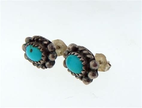 Estate Sterling Silver Oval Turquoise Stud Navajo Earrings Signed SI