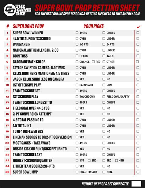 Super Bowl Prop Bets Best Props Sheet List Printable Pdf