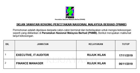 Tarikh tutup permohonan pada 04 disember 2020. Jawatan Kosong Terkini Percetakan Nasional Malaysia Berhad ...