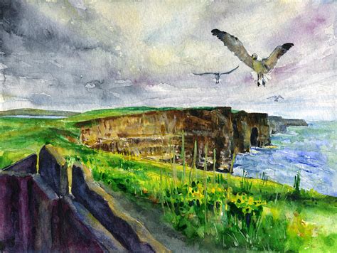 Seagulls At The Cliffs Of Moher Painting By John D Benson Pixels