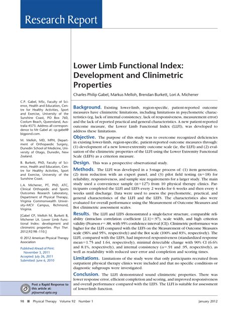 Pdf Lower Limb Functional Index Development And