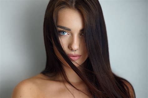 Women Pierced Nose Blue Eyes Bare Shoulders Face Brunette Hair In Face Women Indoors