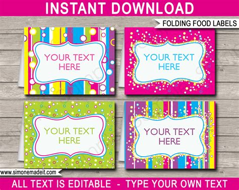 Professionally made to suit shipping, book, bottle and more. Colorful Food Labels | Place Cards | Printable & Editable ...