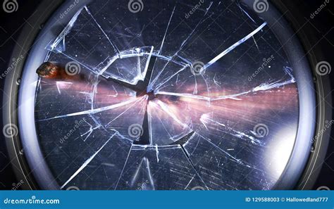 Broken Window Of Space Station By The Cosmic Rock Near The Galaxy Stock