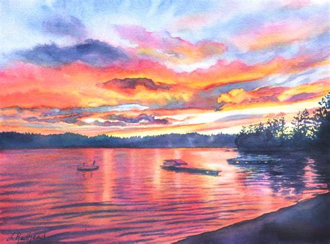 Leslie Lambert Redhead Fine Art Watercolor Of Sunset Over