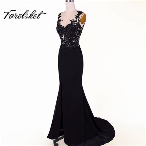See Through Side Slit Black Evening Dresses Chiffon 2020 Mermaid Long Lace Prom Dresses For