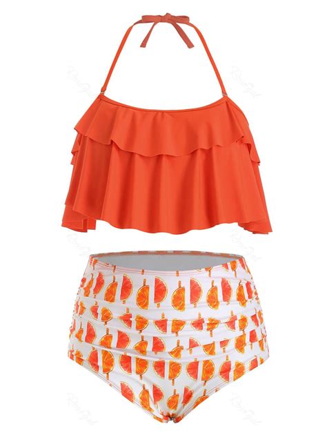 Plus Size Flounce Orange Print Halter Bikini Swimsuit 46 Off Rosegal