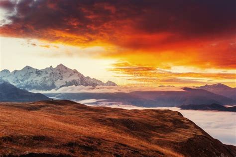 Sunset On Mountain Lake Koruldi Upper Svaneti Georgia Europe Stock