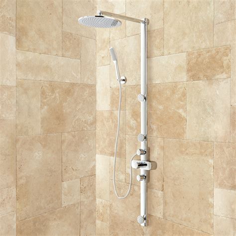 Exposed Pipe Shower And Tub Faucet With Watering Can Shower Head Bathroom