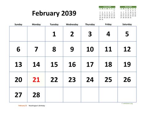 February 2039 Calendar With Extra Large Dates