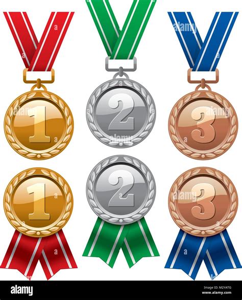 Vector Set Of Gold Silver And Bronze Medals With Red Ribbons Isolated