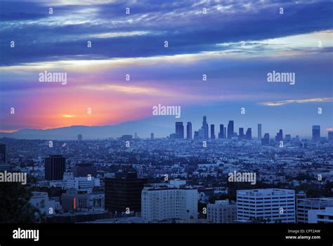 Los Angeles Skyline At Sunrise View From Hollywood Hills Stock Photo