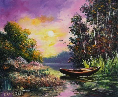 Autumn Landscape River Boat Original Impasto Oil Painting