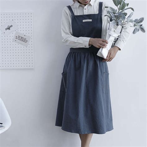 Women Cotton Dress Linen Cross Back Apron Housework Florist Cafe Baking