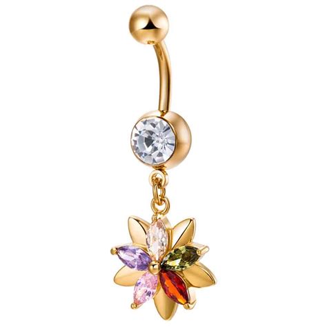 1pc Chic Double Flower Belly Ring Dangle Navel Bar Crystal Body Jewelry Piercing 14gjewelry