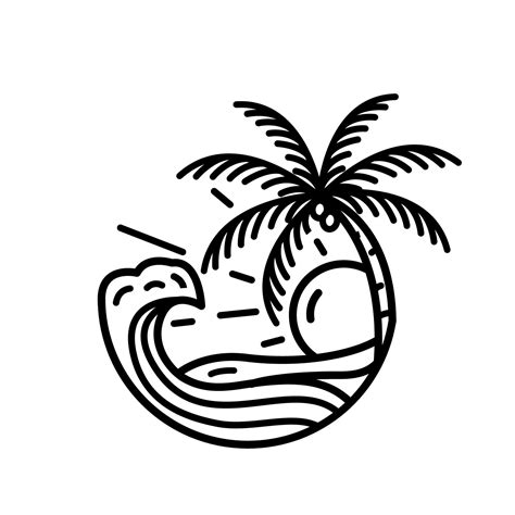 Ocean Wave Tropical Island And Palm Tree Logo Line Art Vector Illustration Vector Art