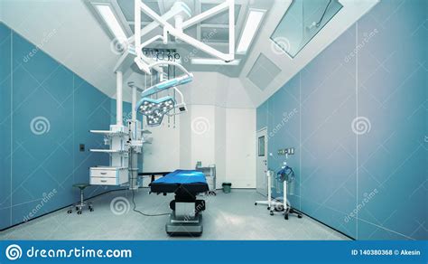 Hospital Empty Operation Room With Surgery Bed And Surgery Light Stock