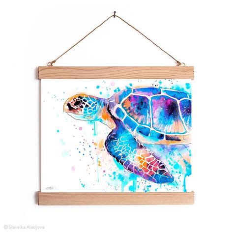 Blue Sea Turtle Watercolor Painting Framed Wall Hanging Etsy Turtle