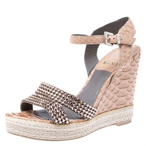 Gina Beige Python Leather Crystal Embellished Wedge Platform Sandals Size 385 Gina The Luxury
