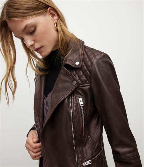 ALLSAINTS US Womens Cargo Leather Biker Jacket Black Oxblood