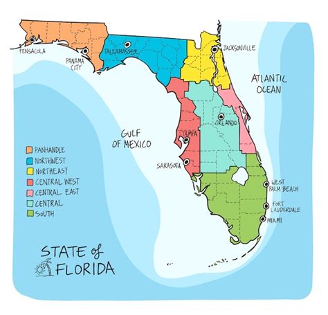 Mapa Dibujado A Mano De Florida Con Regiones Y Condados Descargar