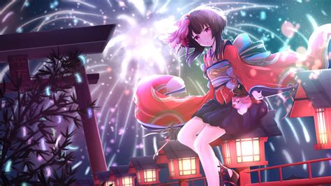 Desktop Wallpaper Anime Girl Fireworks Japanese Traditional Dress