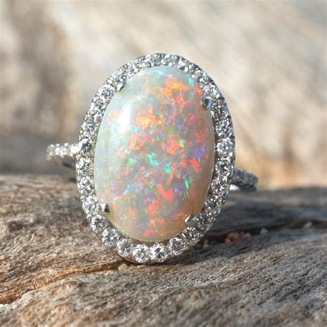 White Gold And Diamond Australian Opal Ring Rock Angel