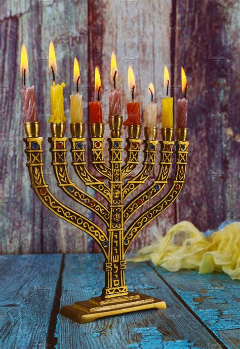 Hanukkah Menorah With Burning Candle Stock Photo Containing Jewish